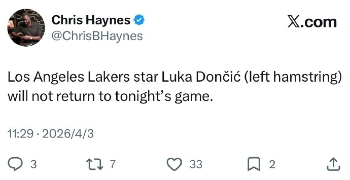 东契奇疑似左腿筋受伤或无缘65场评奖资格